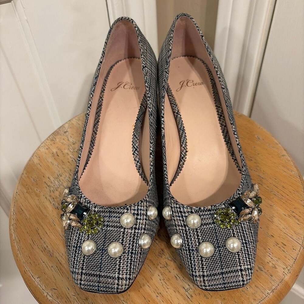 J.Crew Celia Embellished Glen Plaid Block Heel Pumps